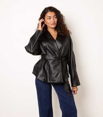 Blue Vanilla Black Faux Leather Peplum Wrap Waist Belted Jacket
