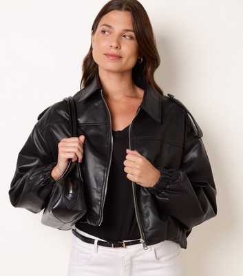 Blue Vanilla Black Faux Leather Puffball Hem Jacket