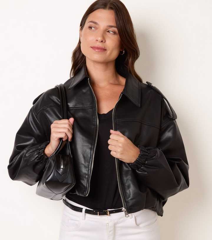 Blue Vanilla Black Faux Leather Puffball Hem Jacket