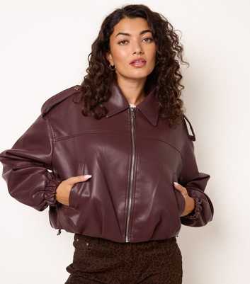Blue Vanilla Dark Burgundy Faux Leather Puffball Hem Jacket