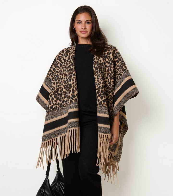 Blue Vanilla Dark Brown Animal Print Knit Cape