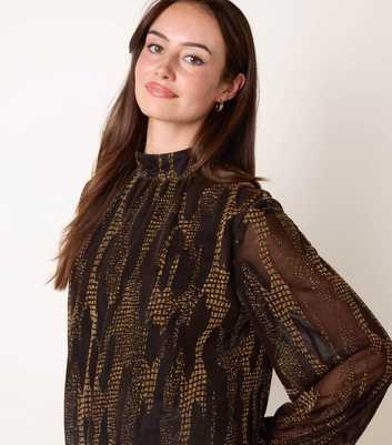 Blue Vanilla Gold Chiffon Snake Print Long Sleeve Bubble Hem Blouse