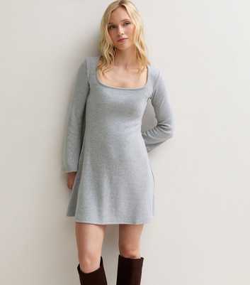 Petite Light Grey Square Neck Long Sleeve Mini Dress