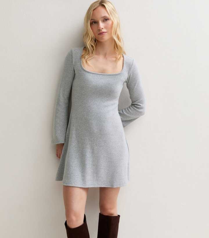 Petite Light Grey Square Neck Long Sleeve Mini Dress