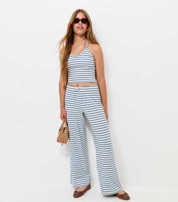 Girls Blue Cotton-Rich Striped Wide Leg Trousers