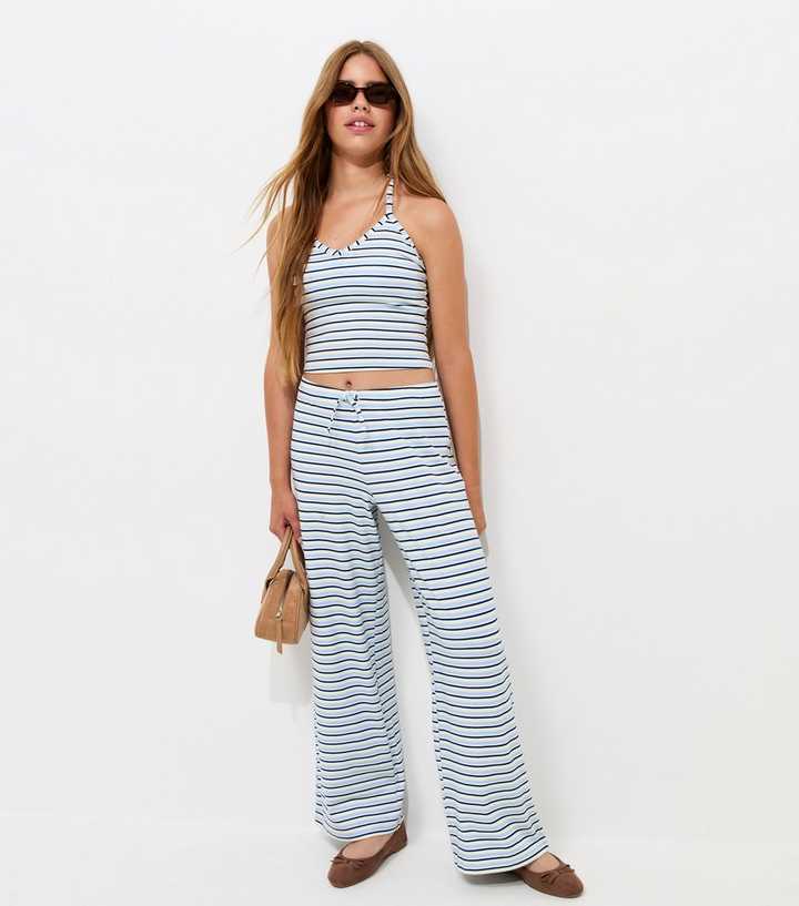 Girls Blue Cotton-Rich Striped Wide Leg Trousers
