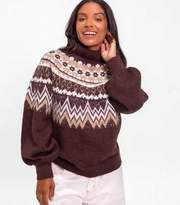Sunshine Soul Brown Fair Isle Knit Roll Neck Jumper