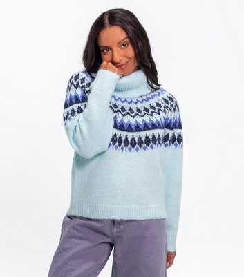 Sunshine Soul Light Blue Fair Isle Knit Roll Neck Jumper