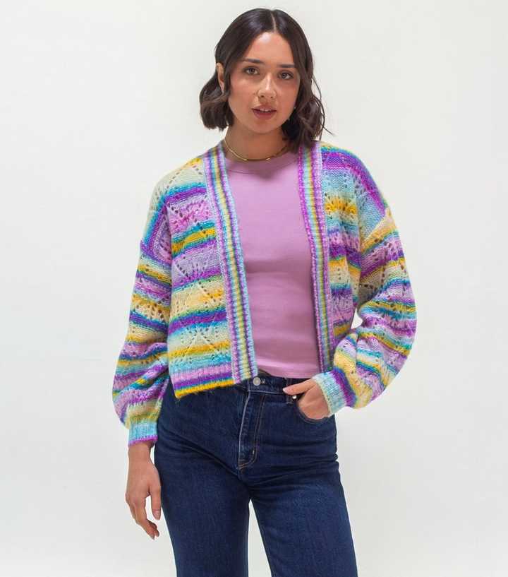 Sunshine Soul Bright Purple Striped Pointelle Knit Open Cardigan