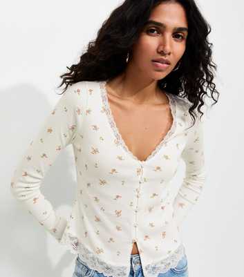 Cream Cotton Rich Floral Print Button Front Ribbed Top