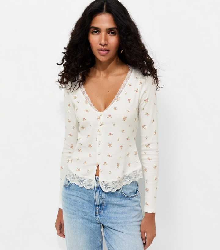 Cream Cotton Rich Floral Print Button Front Ribbed Top