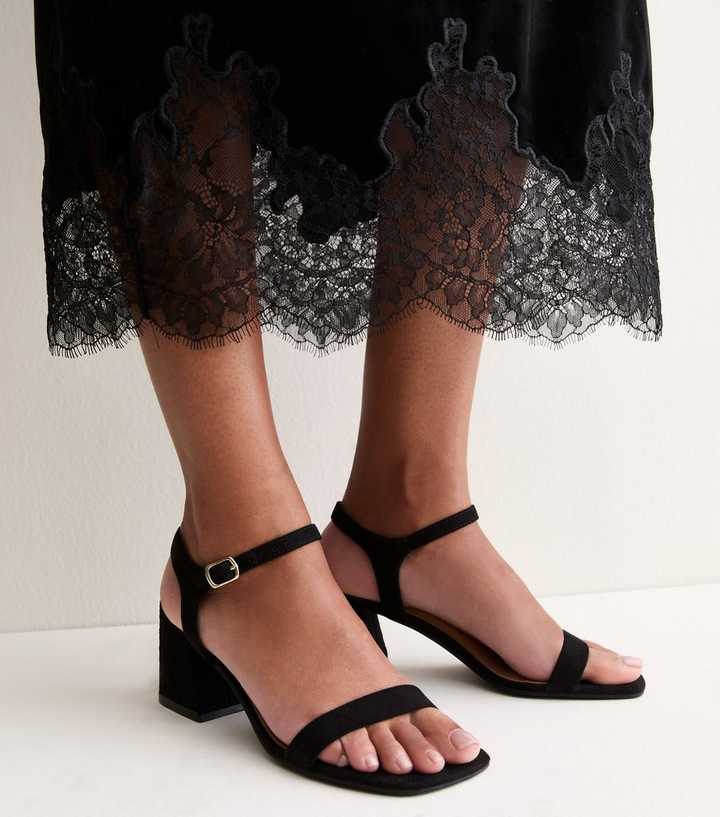 Black Faux Suede Block Heel Sandals