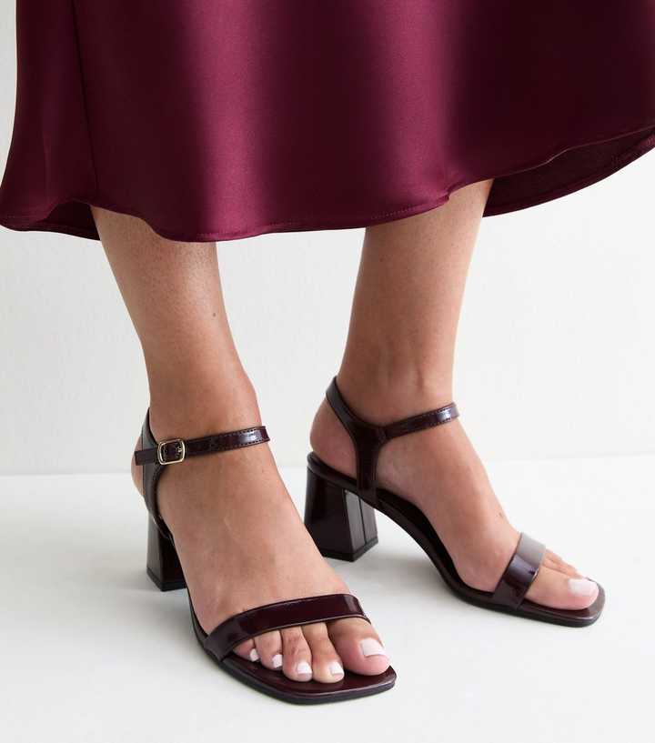 Dark Burgundy Faux Patent Leather Open Toe Block Heel Sandals