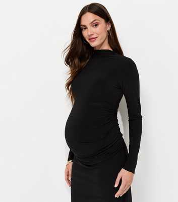 Maternity Black Long Sleeve High Neck Ruched Midi Dress