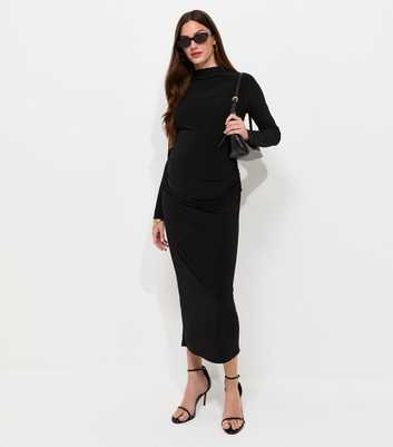 Maternity Black Long Sleeve High Neck Ruched Midi Dress