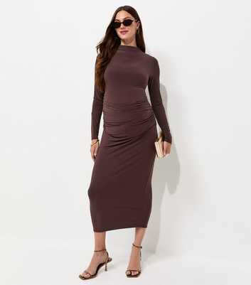 Maternity Dark Brown Long Sleeve High Neck Ruched Midi Dress