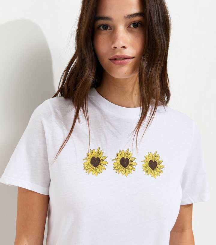 White Cotton Sunflower Print Relaxed T-Shirt