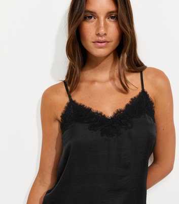 Black Satin Lace Trim V-Neck Cami Top