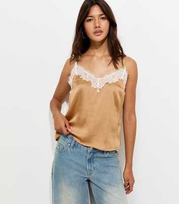 Light Mink Satin Lace Trim V-Neck Cami Top
