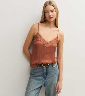 Brown Satin Lace Trim V-Neck Cami Top