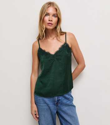 Dark Green Satin Lace Trim V-Neck Cami Top