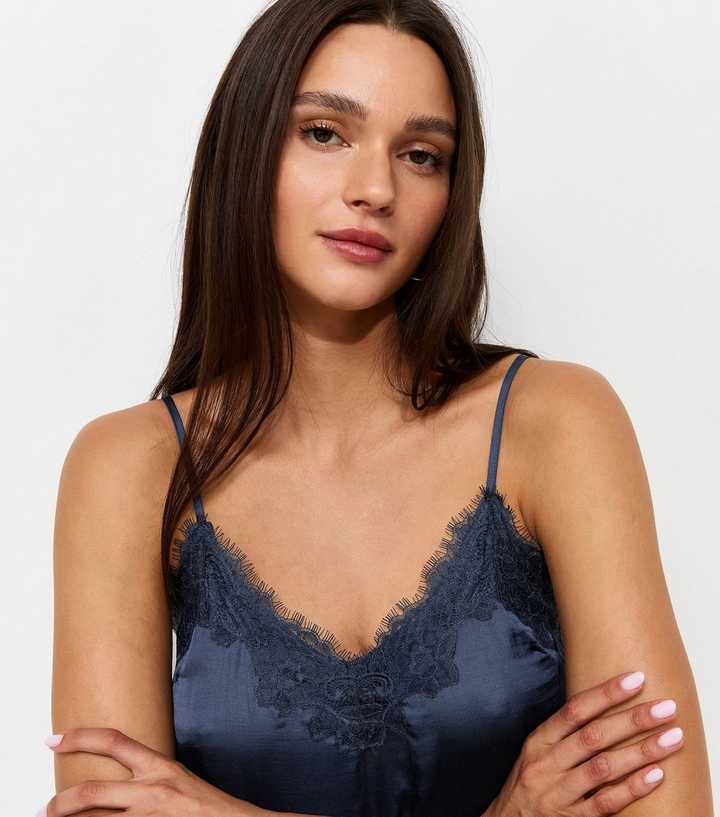 Blue Satin Lace Trim V-Neck Cami Top