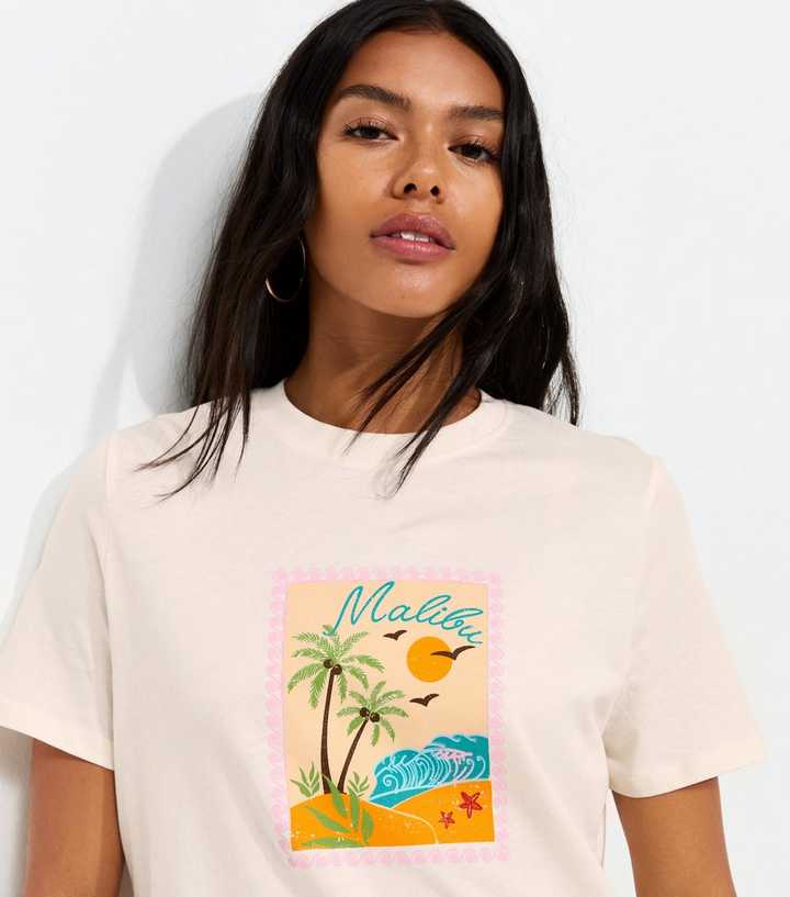 Off White Cotton Malibu Beach Print T-Shirt