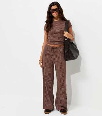Brown Polka Dot Drawstring Wide Leg Trousers