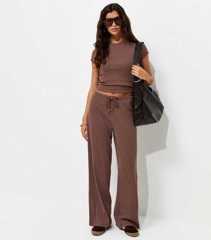 Brown Polka Dot Drawstring Wide Leg Trousers