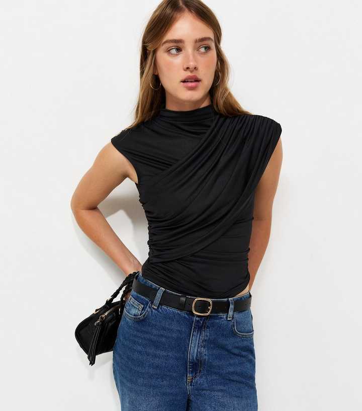 Black Draped Jersey High Neck Sleeveless Top