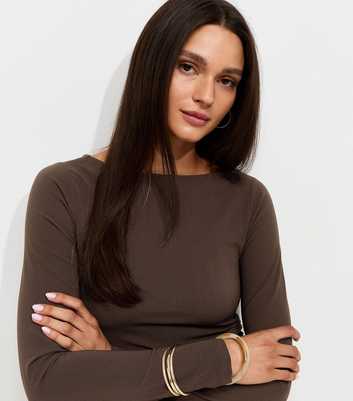 Dark Brown Jersey Long Sleeve Ruched Top
