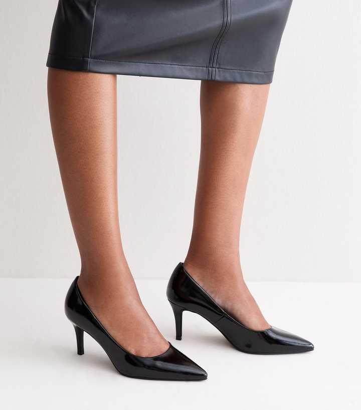 Black Patent Faux Leather Pointed Toe Court Shoes
