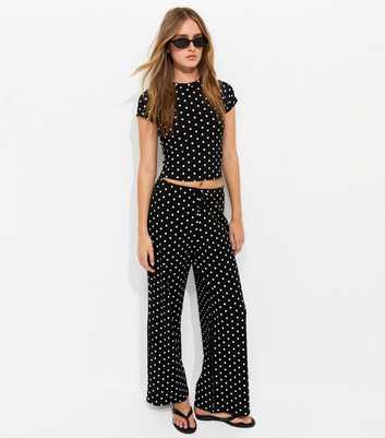 Tall Black Cotton Rich Polka Dot Wide Leg Trousers