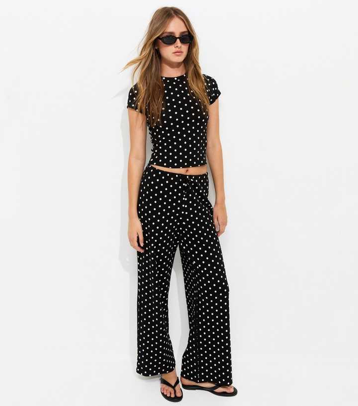 Tall Black Cotton Rich Polka Dot Wide Leg Trousers