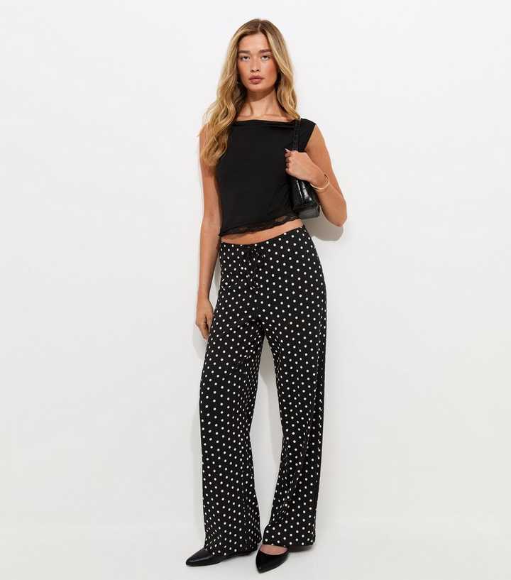 Tall Black Cotton Rich Polka Dot Wide Leg Trousers