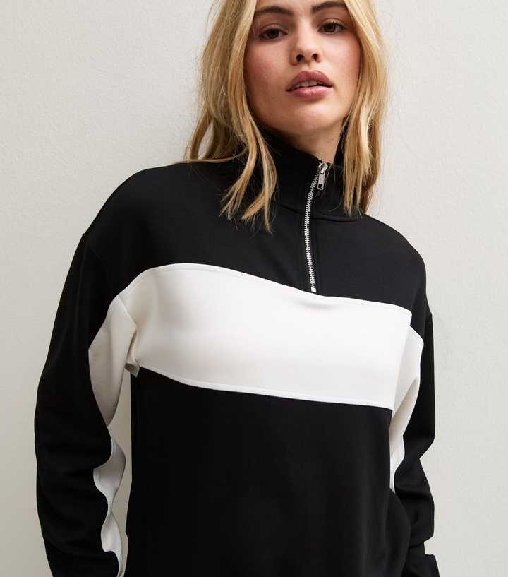 Premium Black Colour Block Three Quarter Zip Sweatshirt