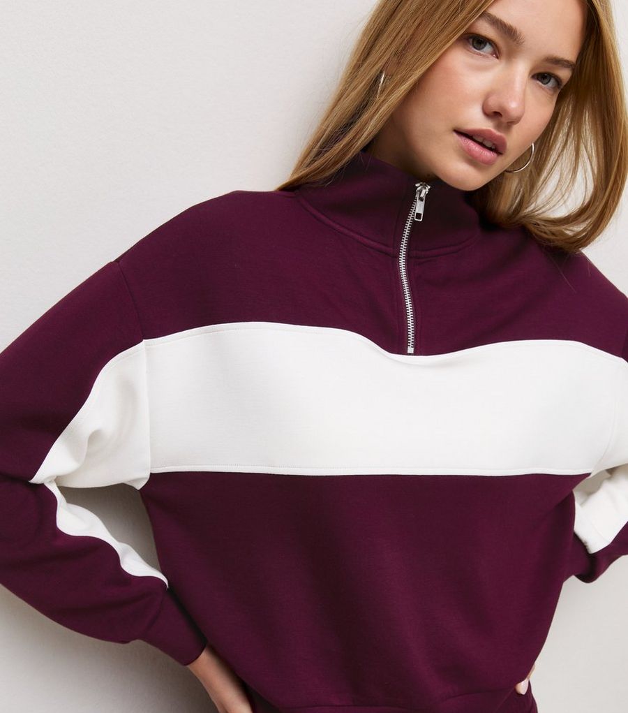 Premium Red Colour Block Three Quarter Zip Sweatshirt