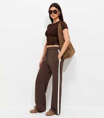 Dark Brown Side Stripe Wide Leg Joggers