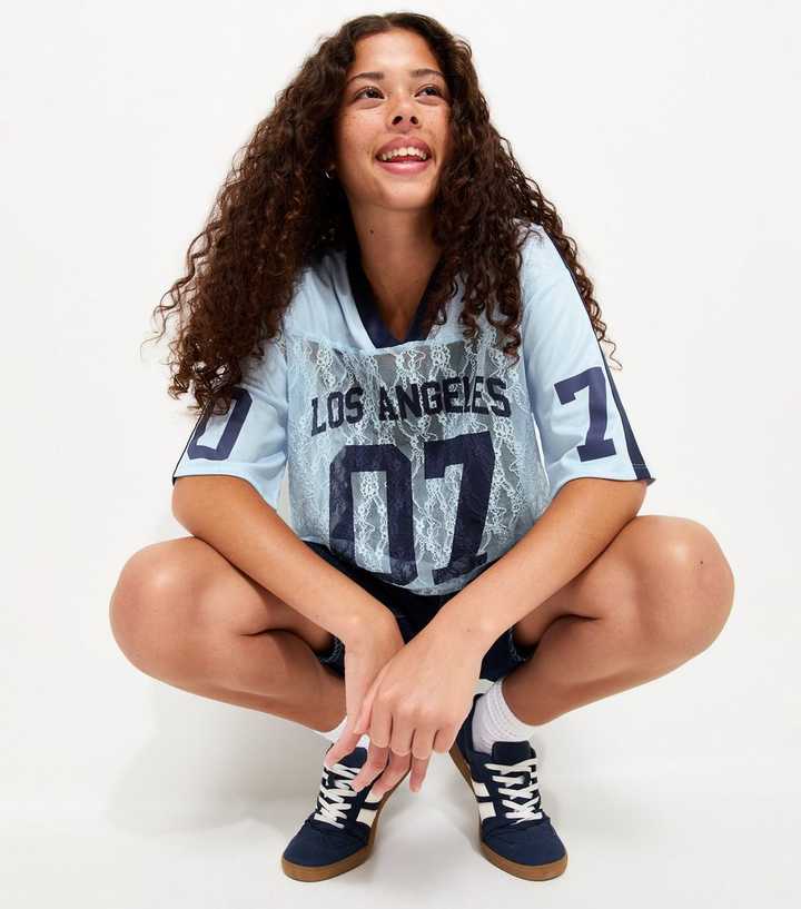 Girls Light Blue Los Angeles 07 Lace Longline Football Top