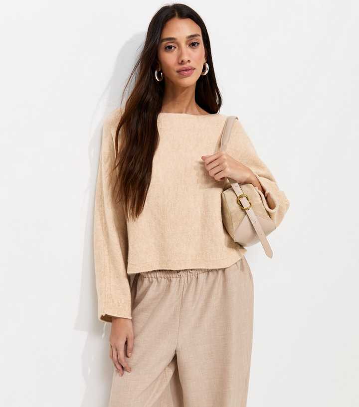 Oatmeal Boat Neck Batwing Sleeve Jumper