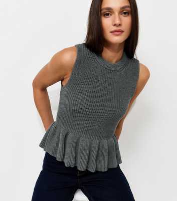 Dark Grey With Cotton Ribbed Knit Peplum Hem Vest Top