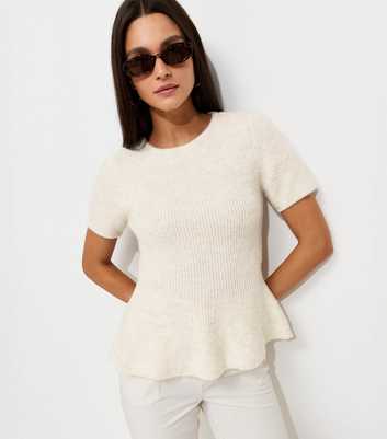 Cream Ribbed Knit Peplum Hem T-Shirt