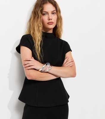 Black Cotton Rich Soft Touch High Neck Peplum Top