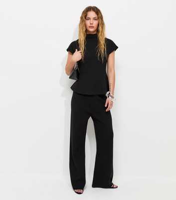 Black Cotton Rich Soft Touch High Neck Peplum Top