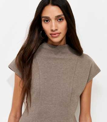 Dark Mink Cotton Rich Soft Touch High Neck Peplum Top