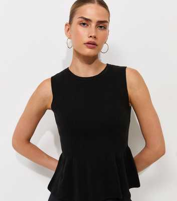 Black Compact Knit Peplum Waist Vest Top