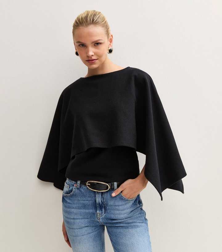 Black Soft Touch Layered Cape Top