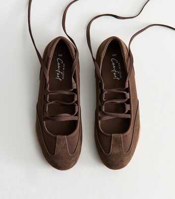 Dark Brown Faux Suede Lace Up Ballet Flats