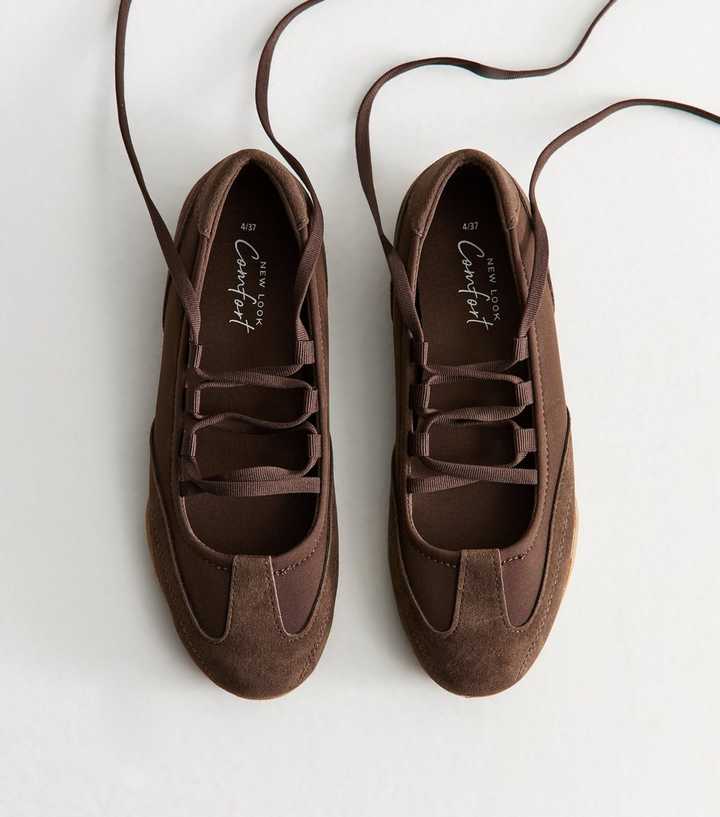 Dark Brown Faux Suede Lace Up Ballet Flats