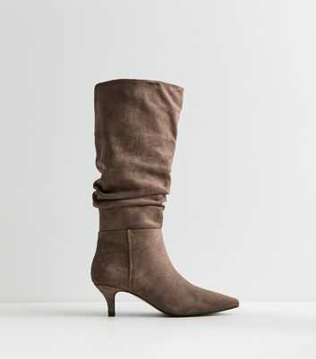 Mink Faux Suede Ruched Pointed Toe Knee High Boots